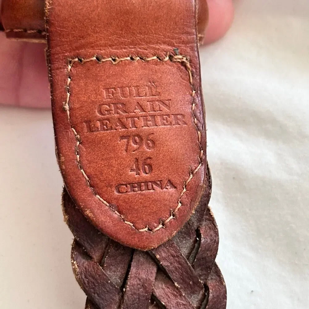 Vintage Braided Belt Full Grain Leather Solid Brass Buckle Brown Size 46